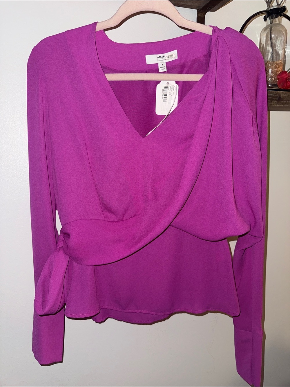 Atelier Purple Draped V-Neck Blouse with Side Knot
